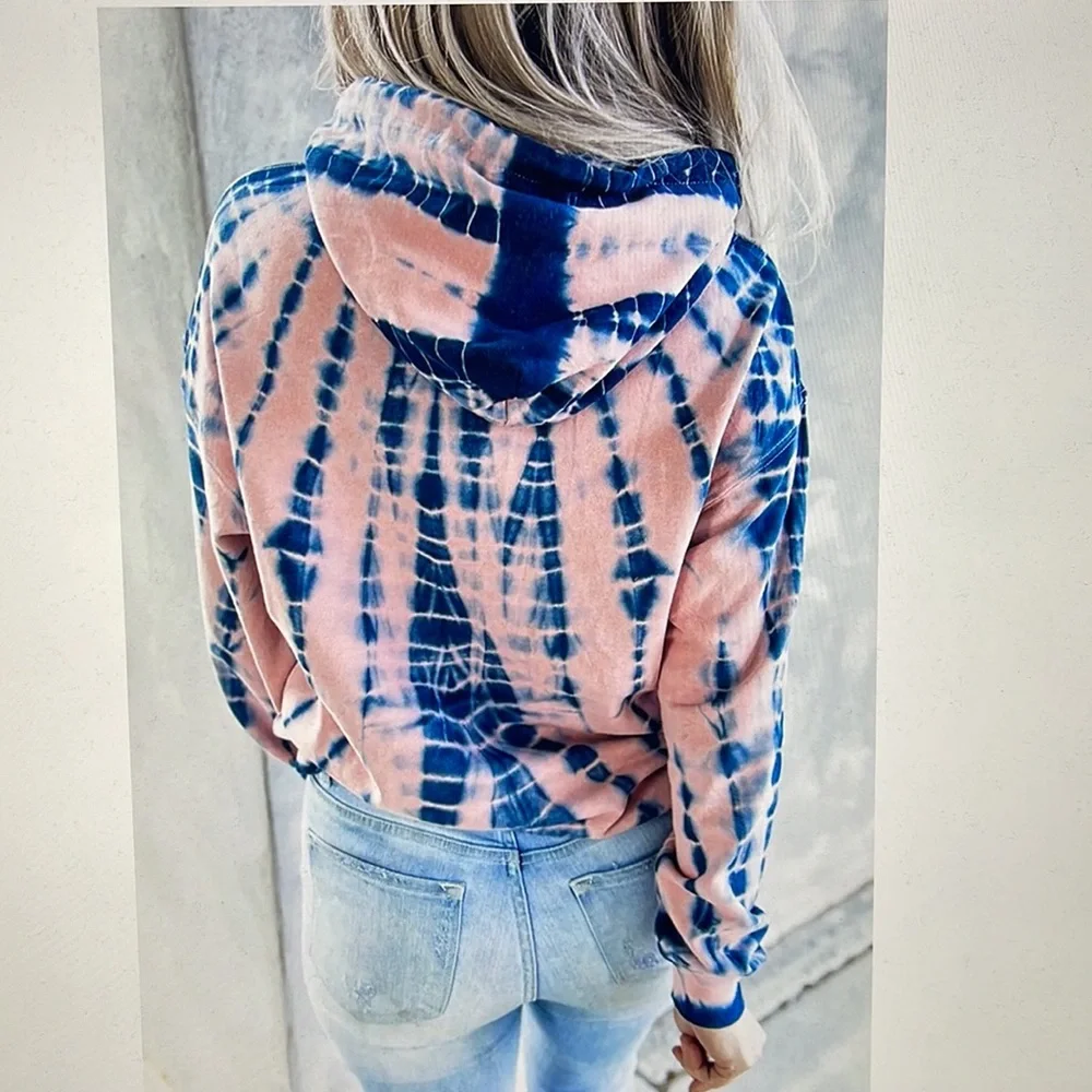 Tie Dye Pullover Kangaroo Pocket Hoodie Sweatshirt Pink Blue Size 2XL - Picture 5 of 7